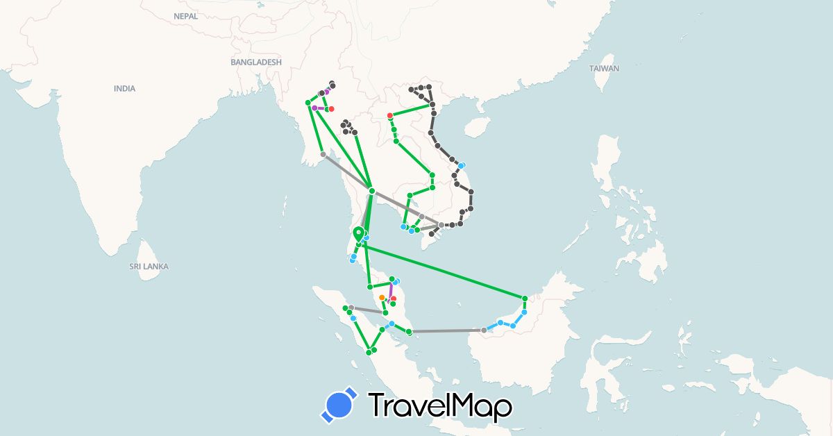 TravelMap itinerary: driving, bus, plane, train, hiking, boat, hitchhiking, motorbike in Indonesia, Cambodia, Laos, Myanmar (Burma), Malaysia, Singapore, Thailand, Vietnam (Asia)